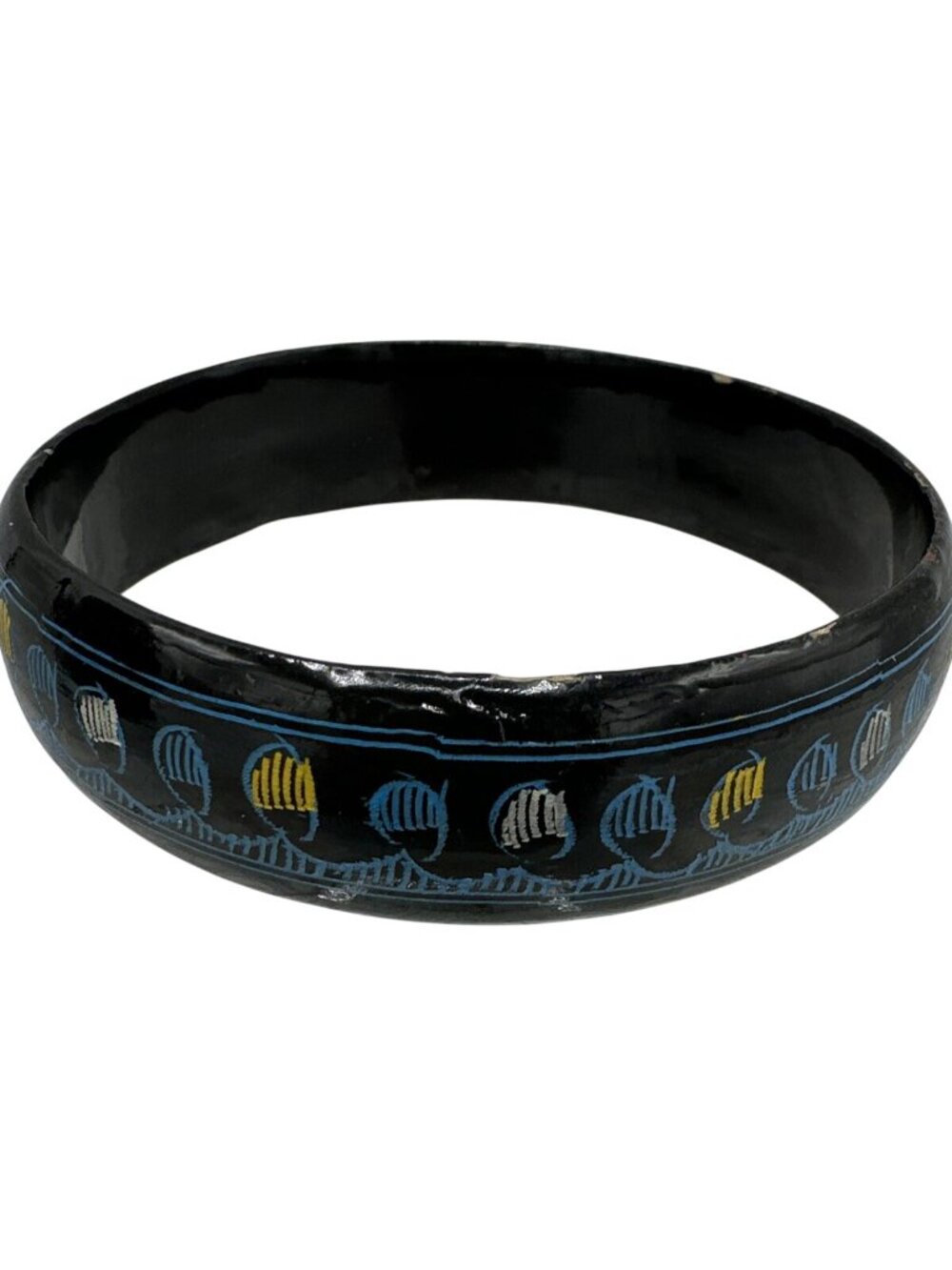 Bangle Bracelet Wooden Black Etched Painted Boho Tribal Blue Yellow Artsy